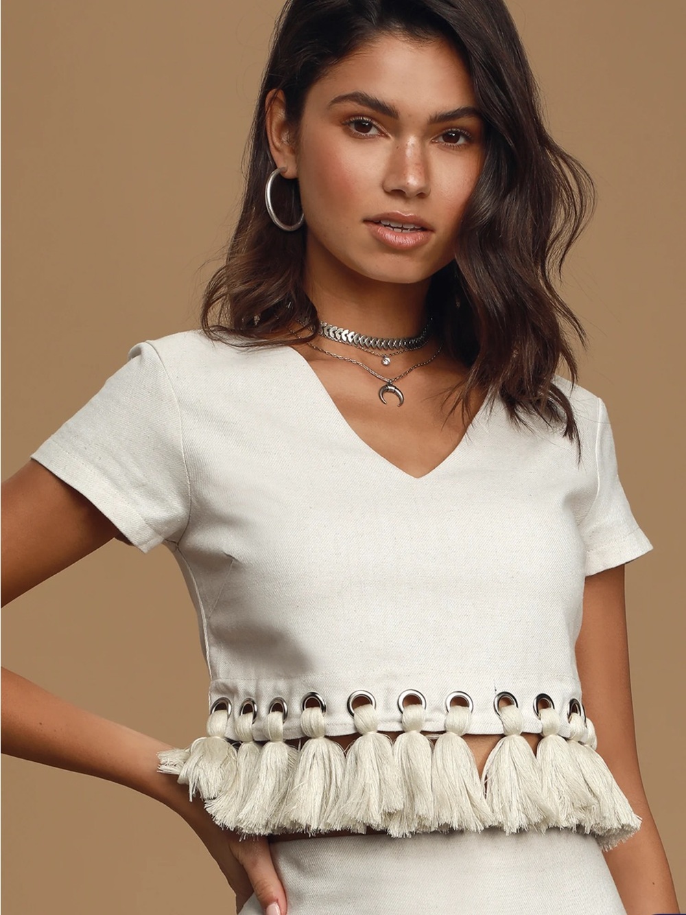 Lulus Belinda Beige Tassel Crop Top size Medium